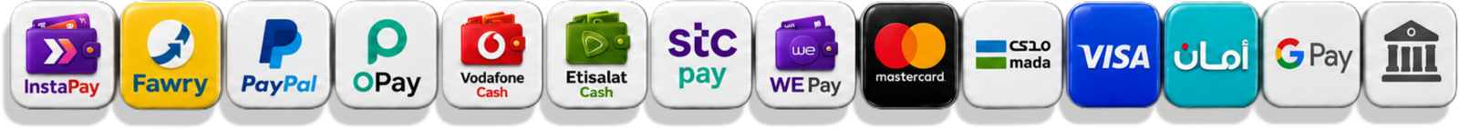 وسائل الدفع: InstaPay، Fawry، PayPal، OPay، فودافون كاش، اتصالات كاش، stc pay، WE Pay، Mastercard، mada، VISA، أمان، Google Pay